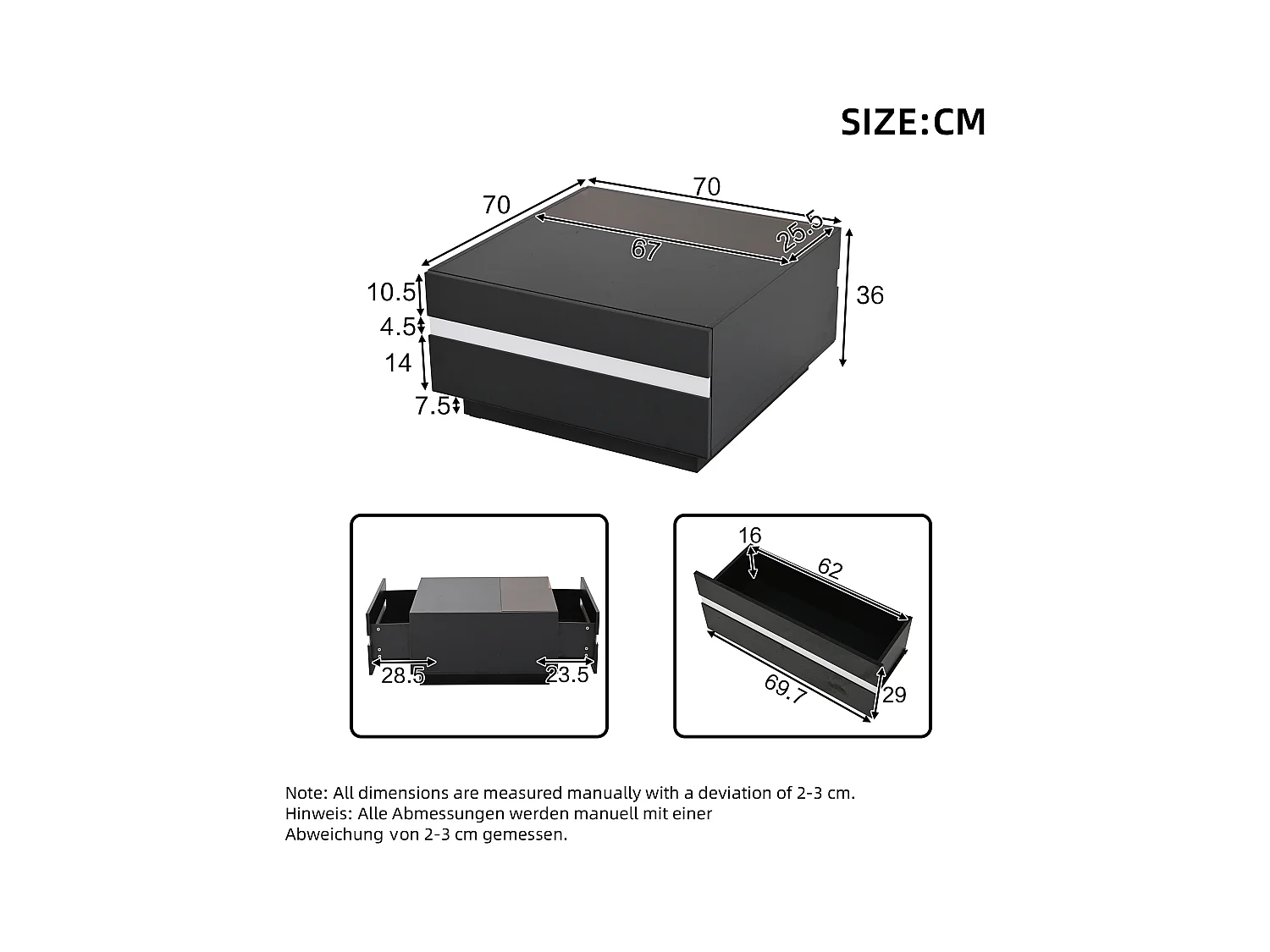 Table basse carrée avec éclairage LED et 2 tiroirs de rangement - noir et blanc