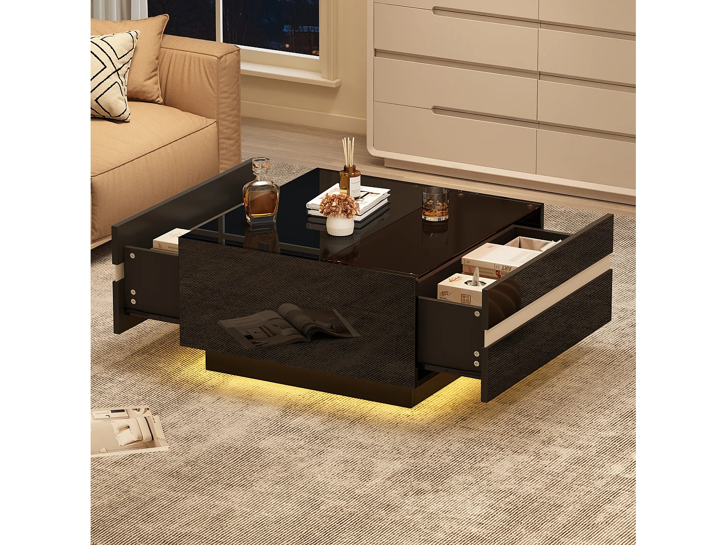 Table basse carrée avec éclairage LED et 2 tiroirs de rangement - noir et blanc