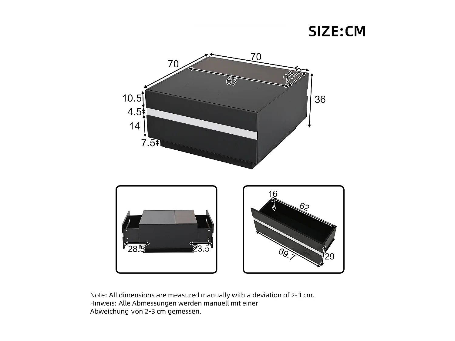 Table basse carrée avec éclairage LED et 2 tiroirs de rangement - noir et blanc