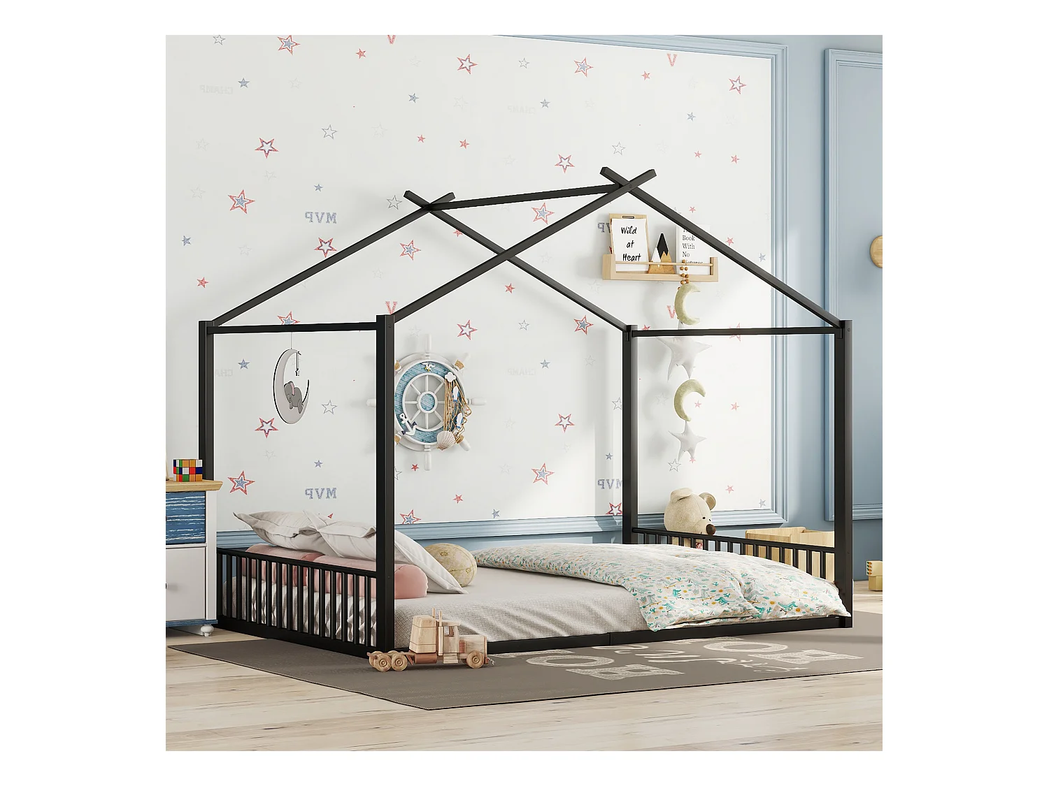 Lit cabane 140x200 cm, lit enfant avec sommier à lattes, noir - sans matelas