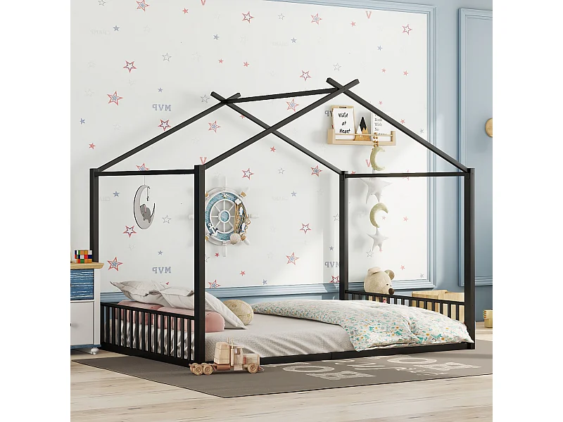 Kinderbed 140x200 cm met lattenbodem, metalen frame, zwart - zonder matras