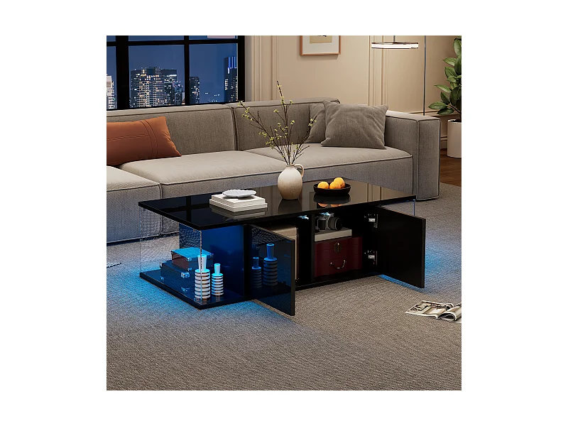 Schwarzer Couchtisch mit 2 Türen und 2 seitlichen Glaspaneelen, LED-Beleuchtung – für Wohnzimmer