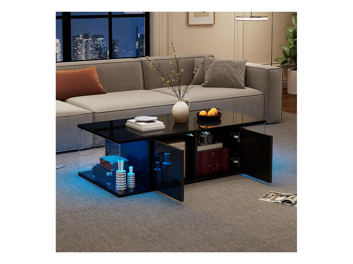 Table basse noire avec 2 portes et 2 panneaux latéraux en verre, éclairage LED - pour salon