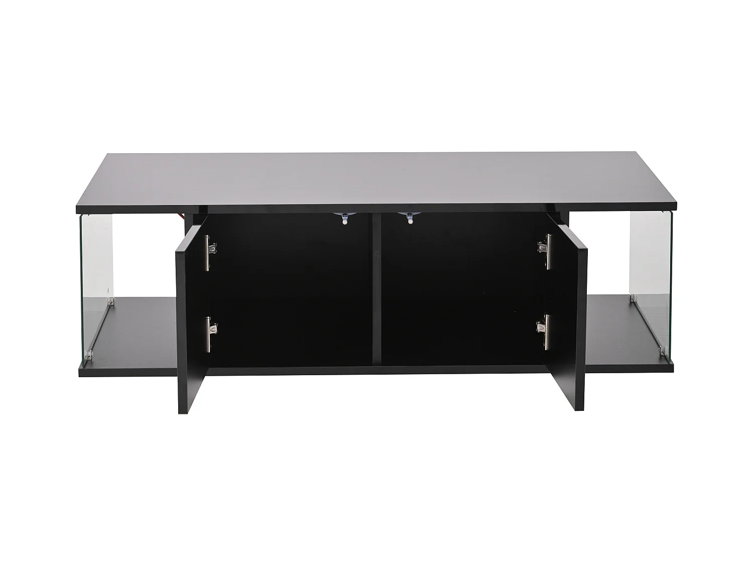 Table basse noire avec 2 portes et 2 panneaux latéraux en verre, éclairage LED - pour salon