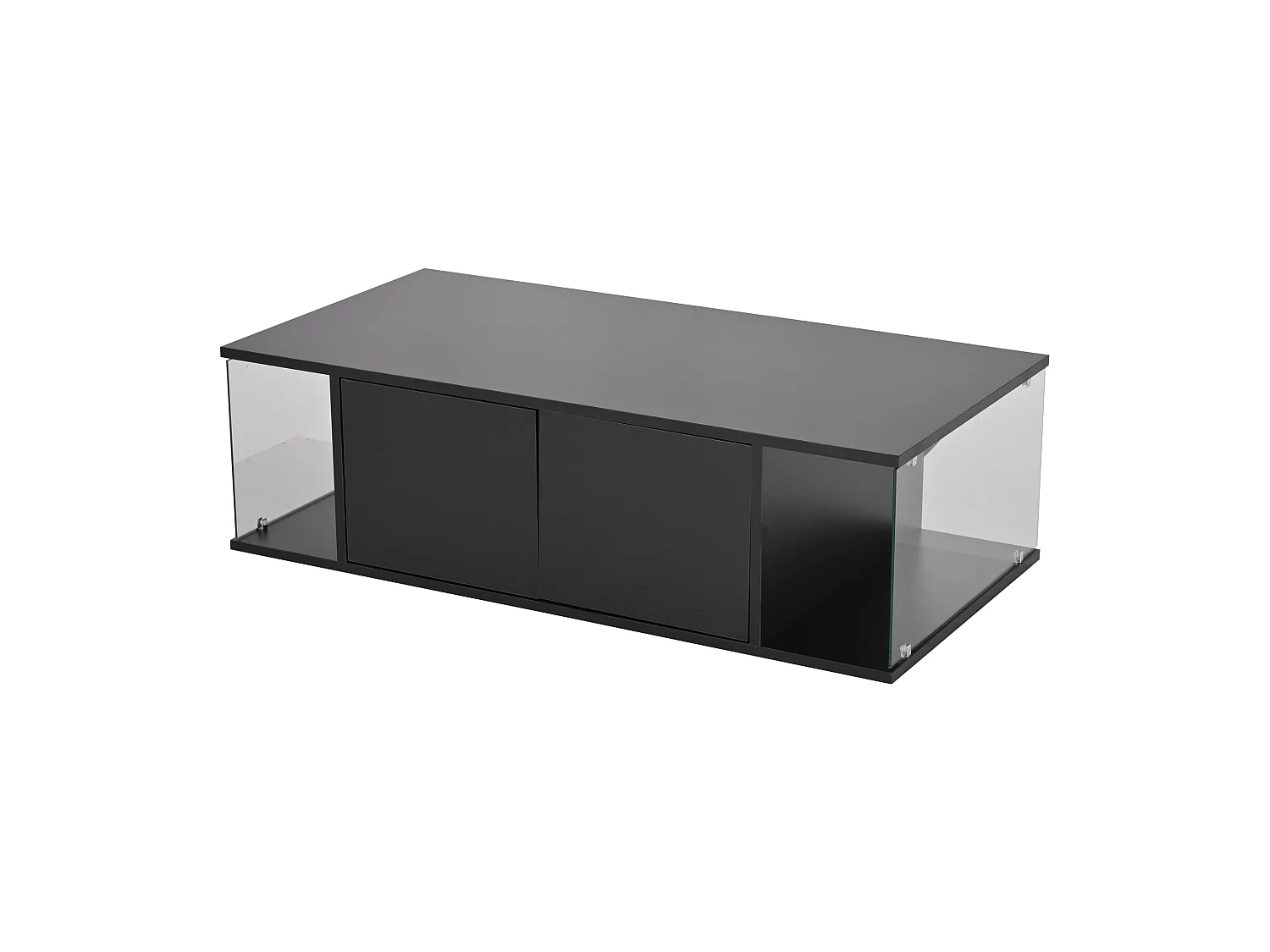Table basse noire avec 2 portes et 2 panneaux latéraux en verre, éclairage LED - pour salon