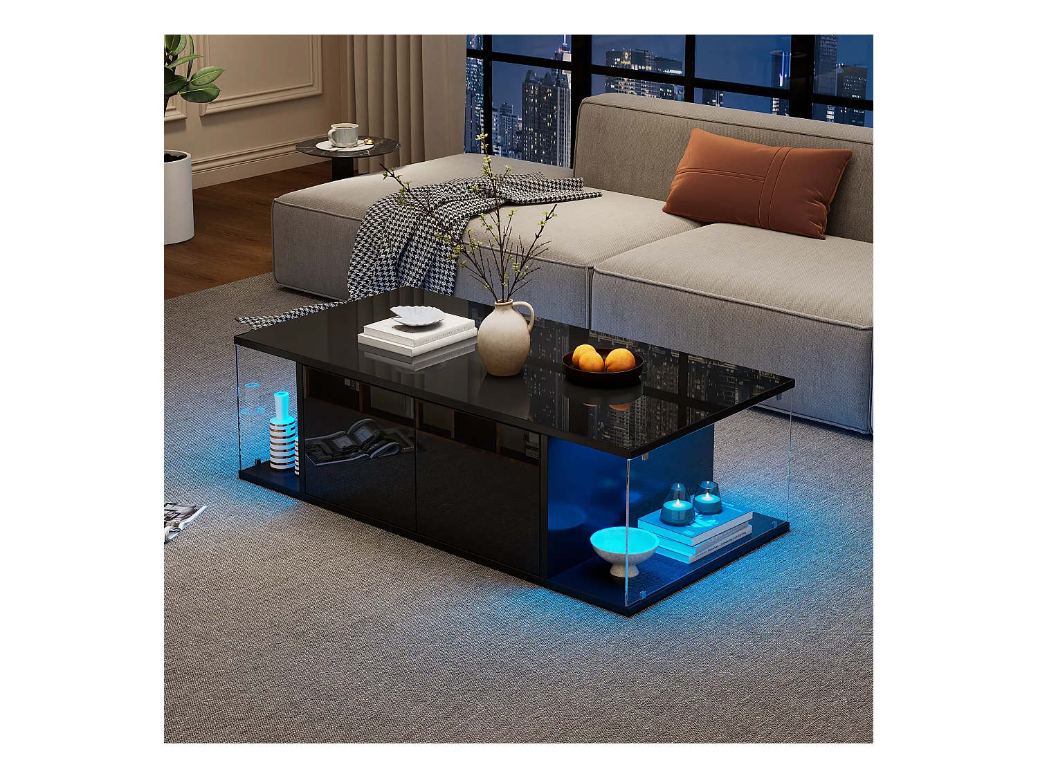 Schwarzer Couchtisch mit 2 Türen und 2 seitlichen Glaspaneelen, LED-Beleuchtung – für Wohnzimmer