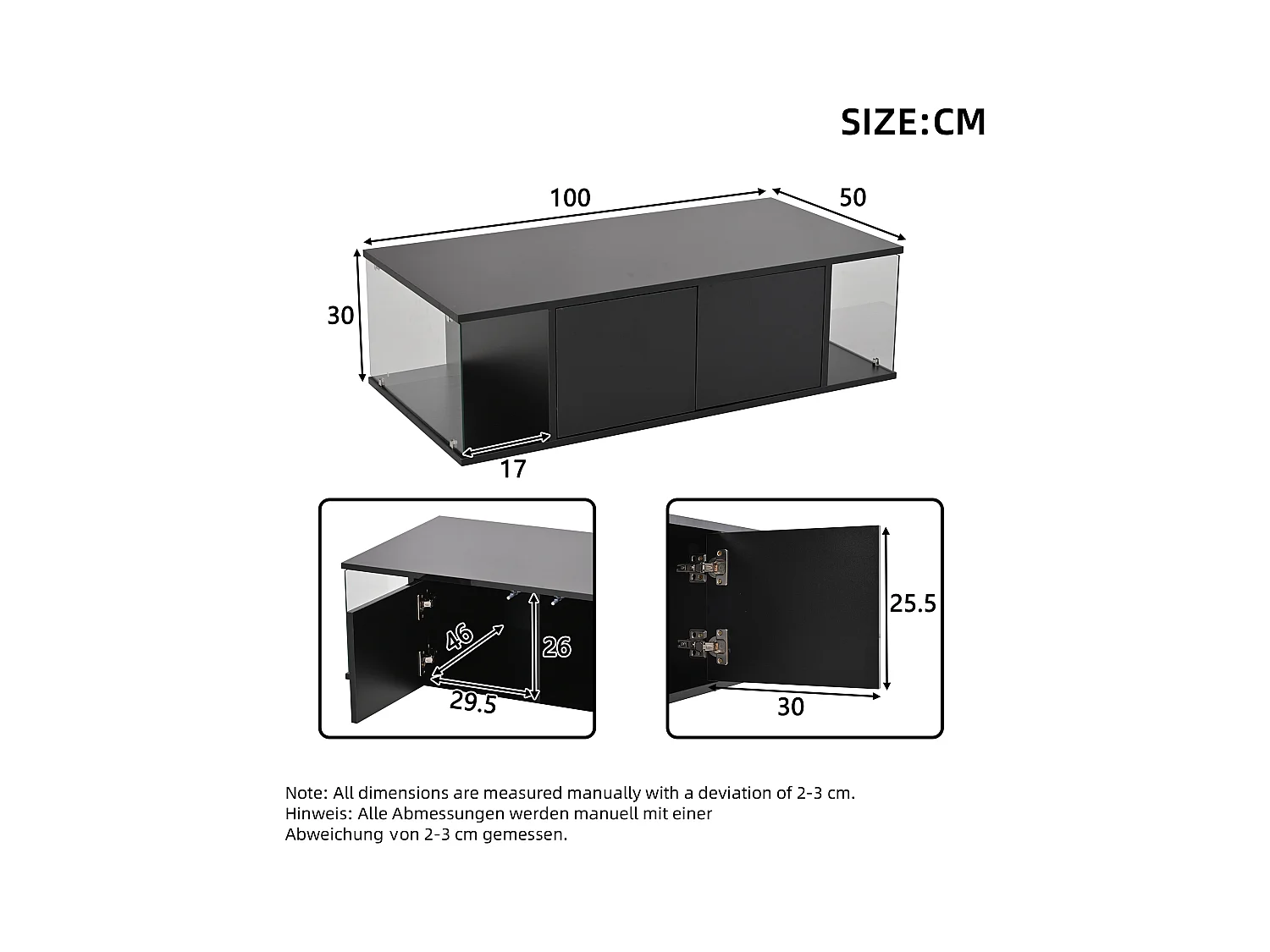 Schwarzer Couchtisch mit 2 Türen und 2 seitlichen Glaspaneelen, LED-Beleuchtung – für Wohnzimmer
