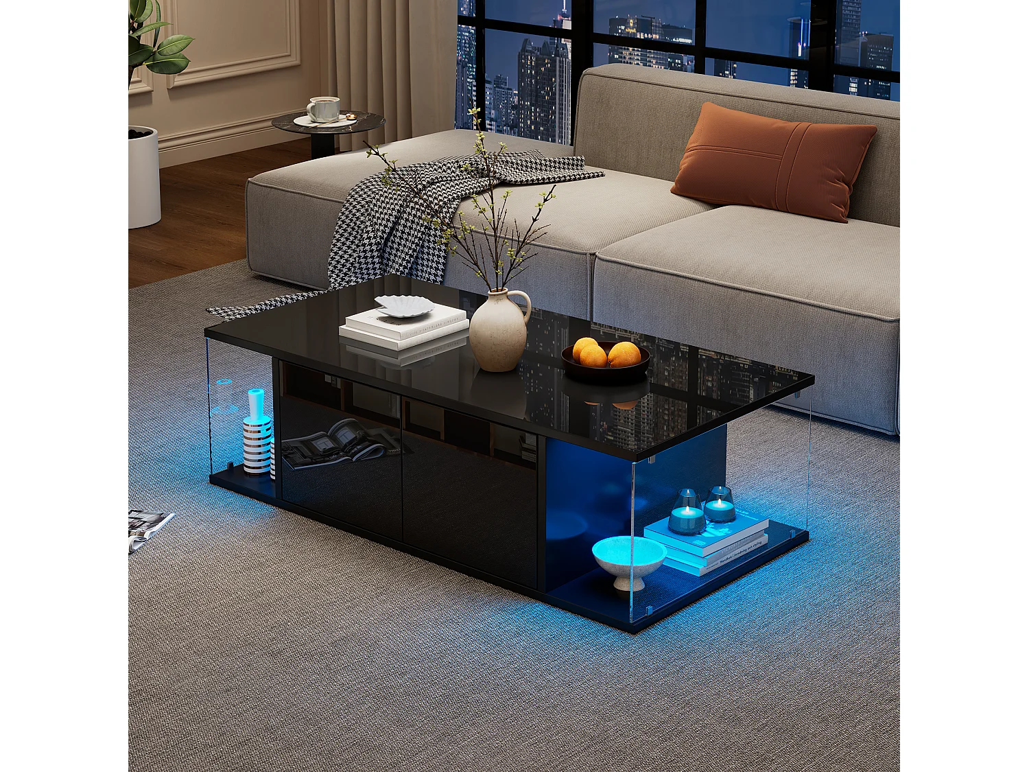 Table basse noire avec 2 portes et 2 panneaux latéraux en verre, éclairage LED - pour salon