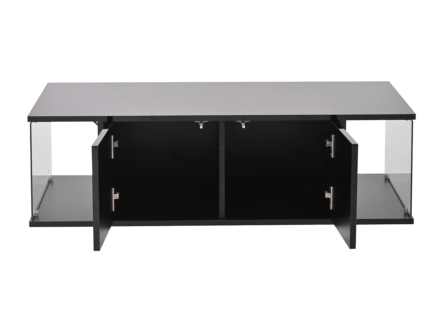 Table basse noire avec 2 portes et 2 panneaux latéraux en verre, éclairage LED - pour salon