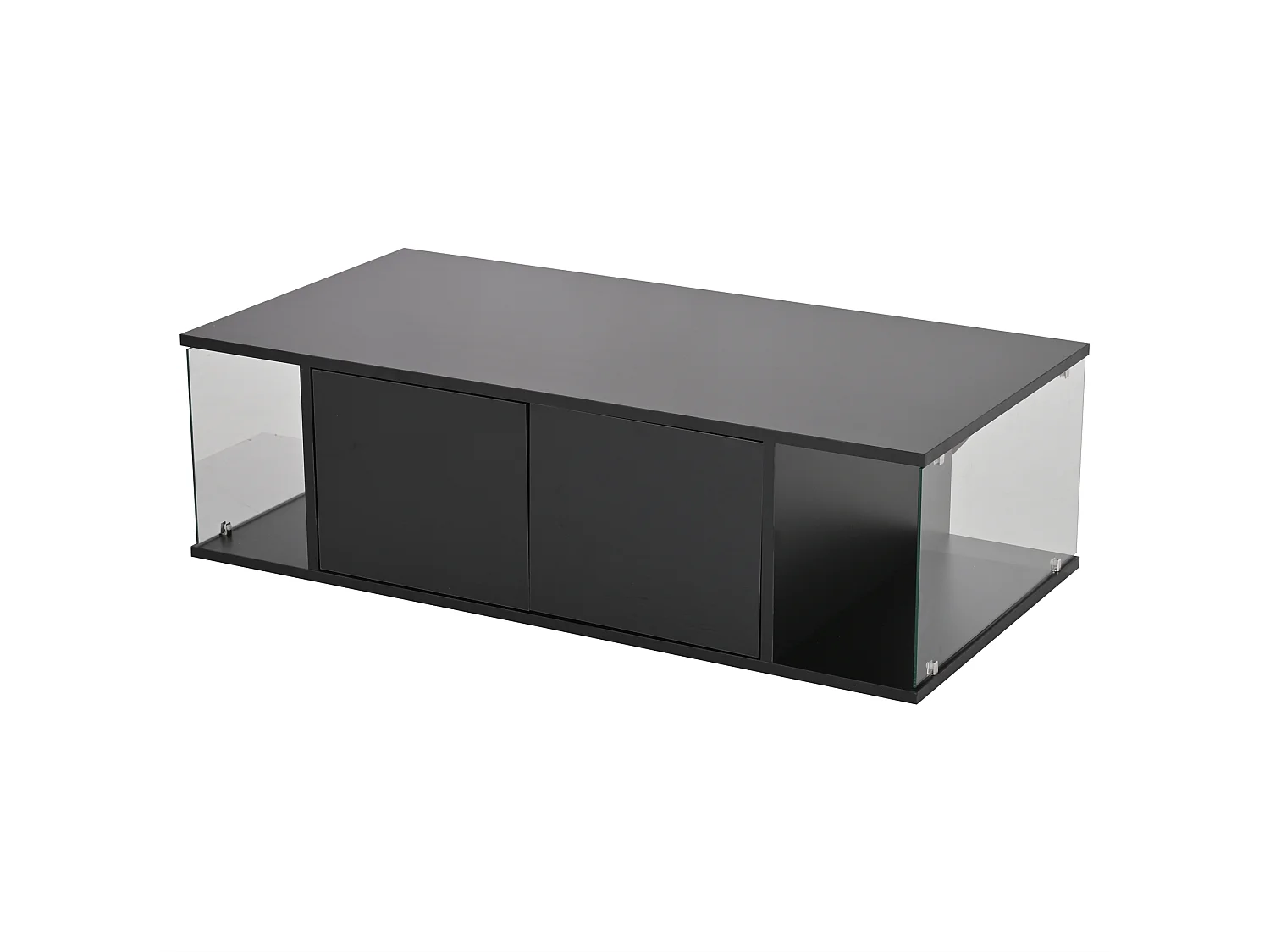 Table basse noire avec 2 portes et 2 panneaux latéraux en verre, éclairage LED - pour salon