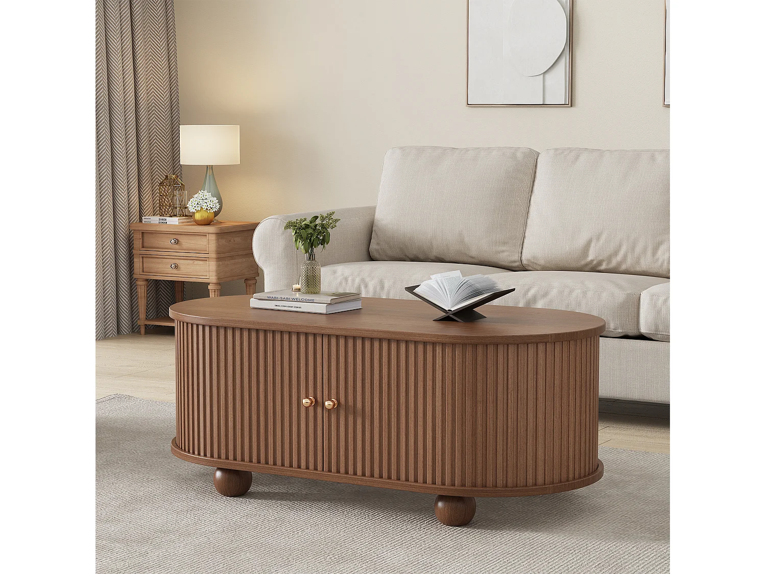 Salontafel van notenhout met 2 schuifdeuren en 4 ronde houten poten - Voor woonkamer