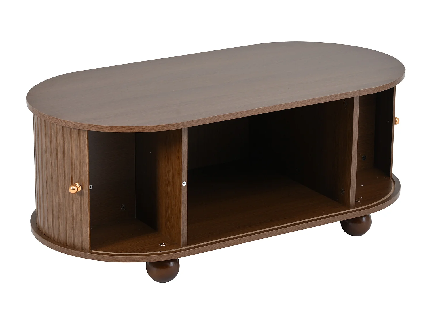 Salontafel van notenhout met 2 schuifdeuren en 4 ronde houten poten - Voor woonkamer