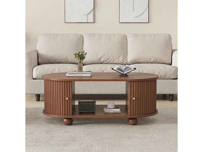 Table basse en noyer avec 2 portes coulissantes et 4 pieds ronds en bois - pour salon