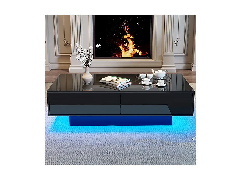 Schwarzer Hochglanz-Couchtisch mit 2 Aufbewahrungsschubladen und LED-Beleuchtung – Für Wohnzimmer