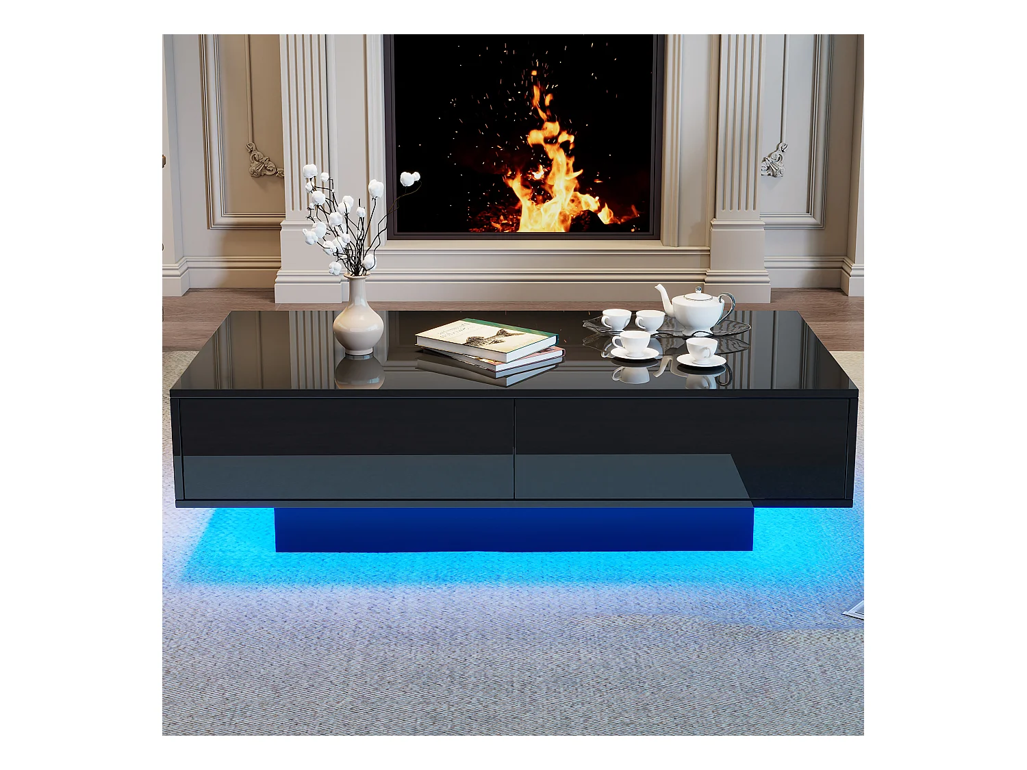 Table basse brillante noire avec 2 tiroirs de rangement et éclairage LED – pour salon