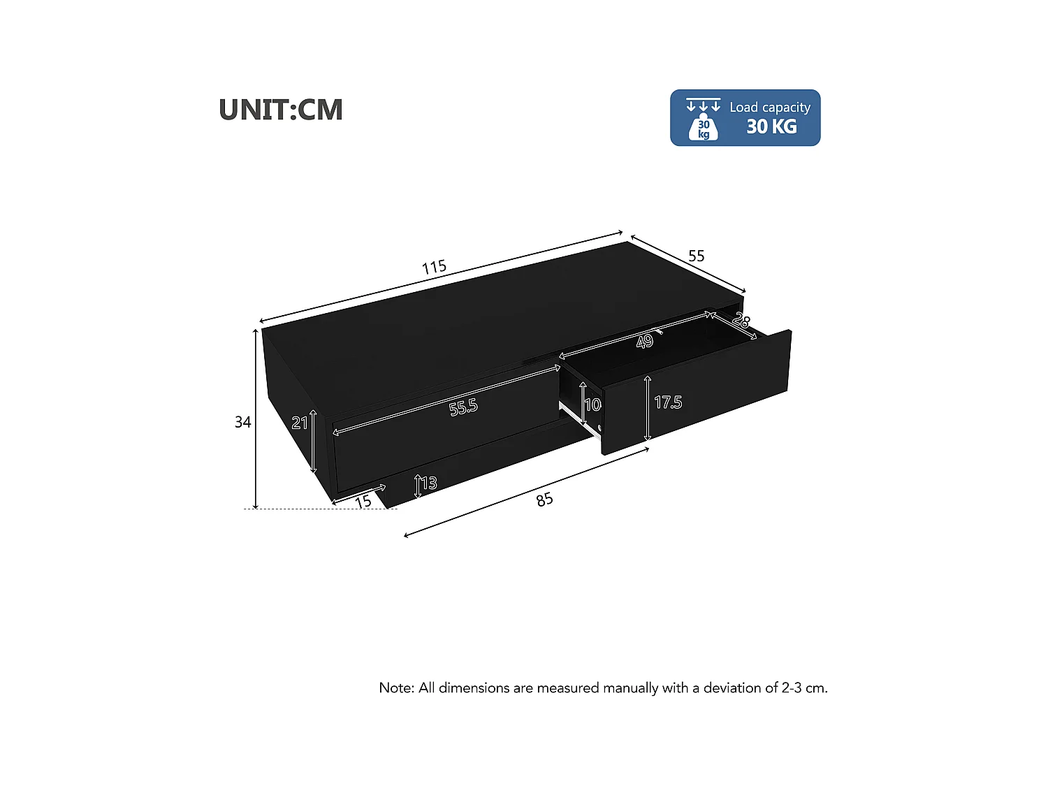 Table basse brillante noire avec 2 tiroirs de rangement et éclairage LED – pour salon