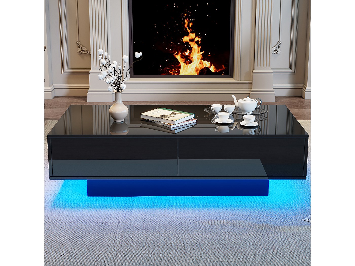 Table Basse Rectangulaire Noire Brillante Avec LED – 102x53x46 Cm, 2 Tiroirs, Rangement Ouvert – Moderne, Pour Salon
