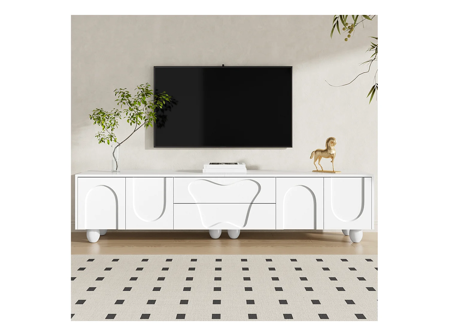 Meuble TV 180 cm avec 2 tiroirs de rangement et 4 portes incurvées à motifs - Blanc