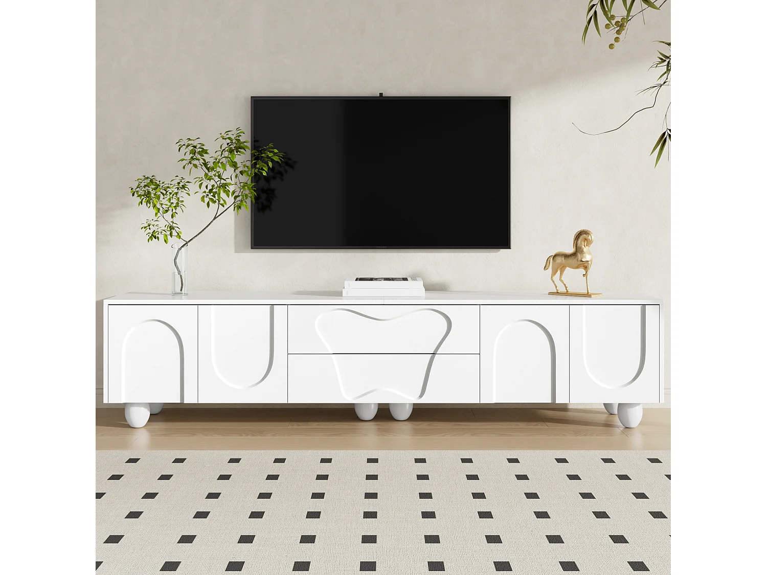 Mobile TV da 180 cm con 2 cassetti portaoggetti e 4 ante curve con motivo – Bianco