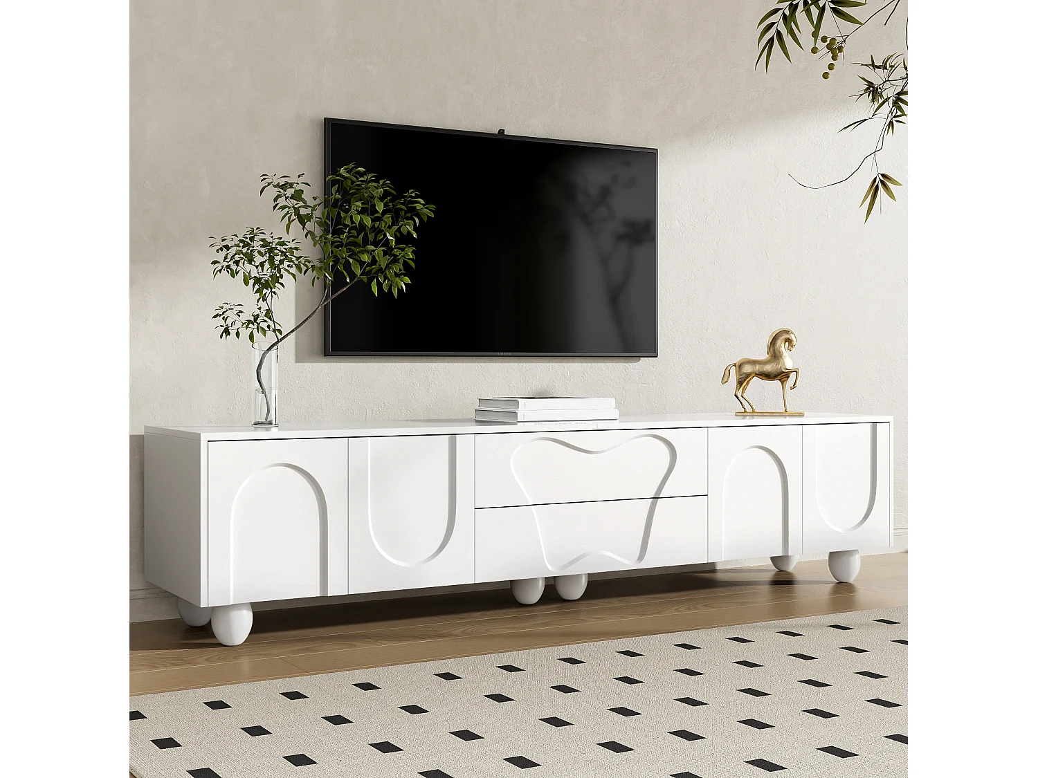 Mobile TV da 180 cm con 2 cassetti portaoggetti e 4 ante curve con motivo – Bianco