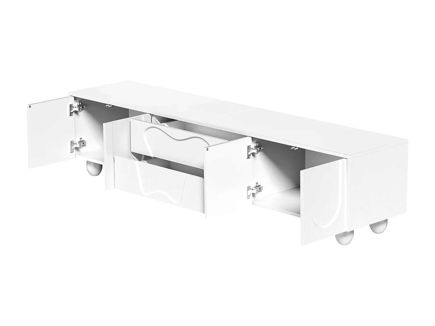 Mobile TV da 180 cm con 2 cassetti portaoggetti e 4 ante curve con motivo – Bianco