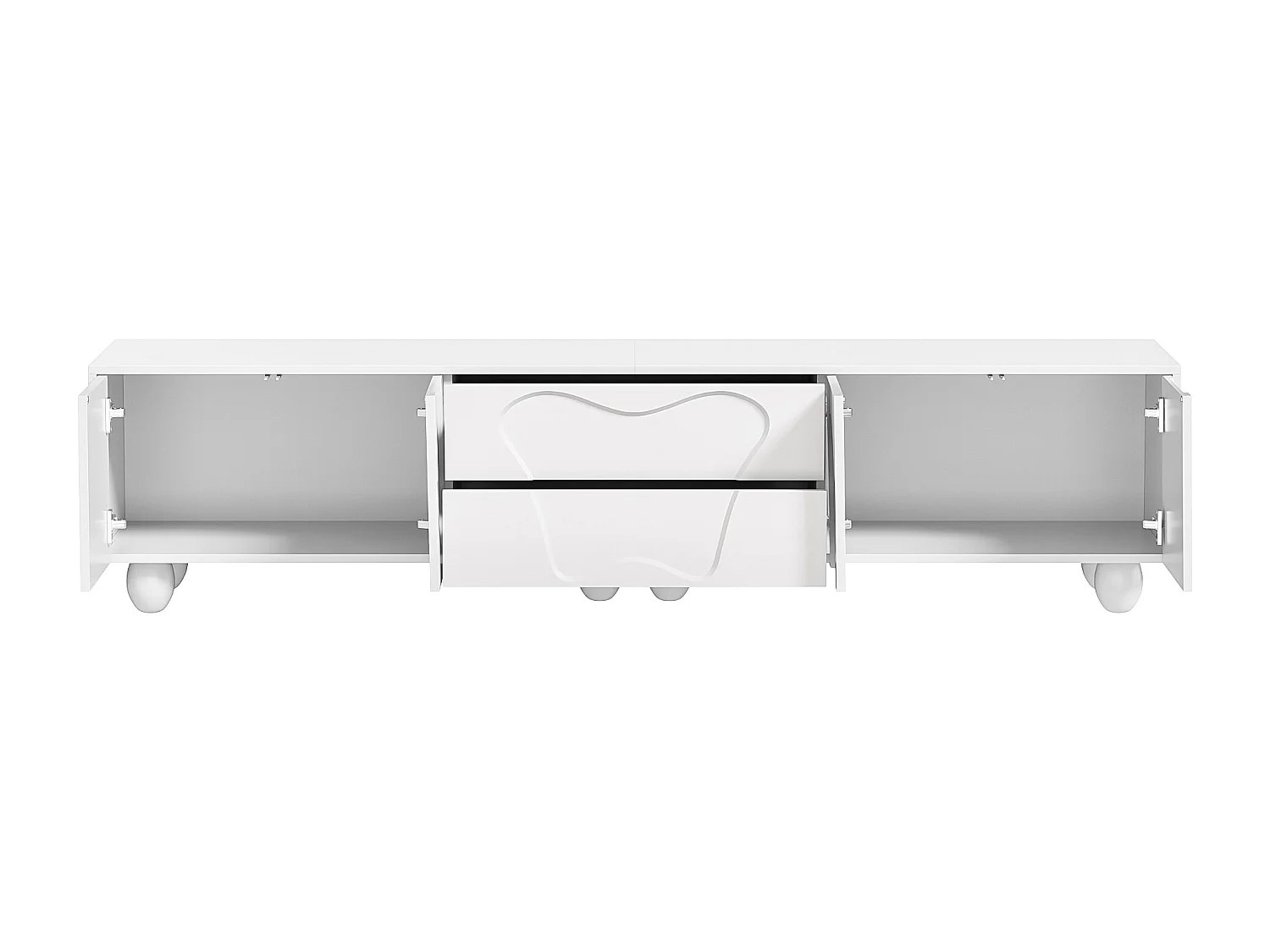 Mobile TV da 180 cm con 2 cassetti portaoggetti e 4 ante curve con motivo – Bianco