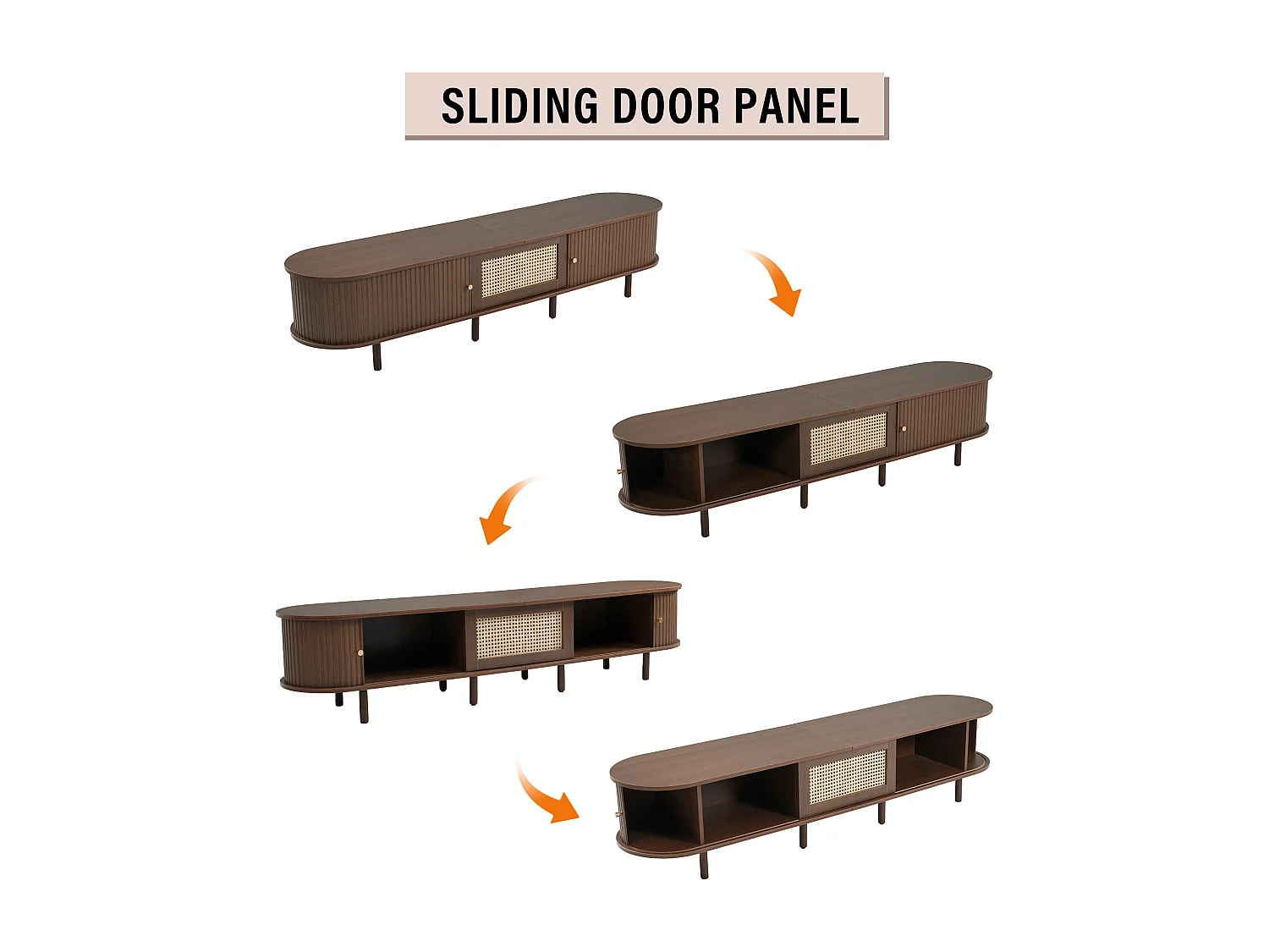 TV-meubel 180 cm met een rotanlade en opbergruimte, verstelbare poten – Donker notenhout