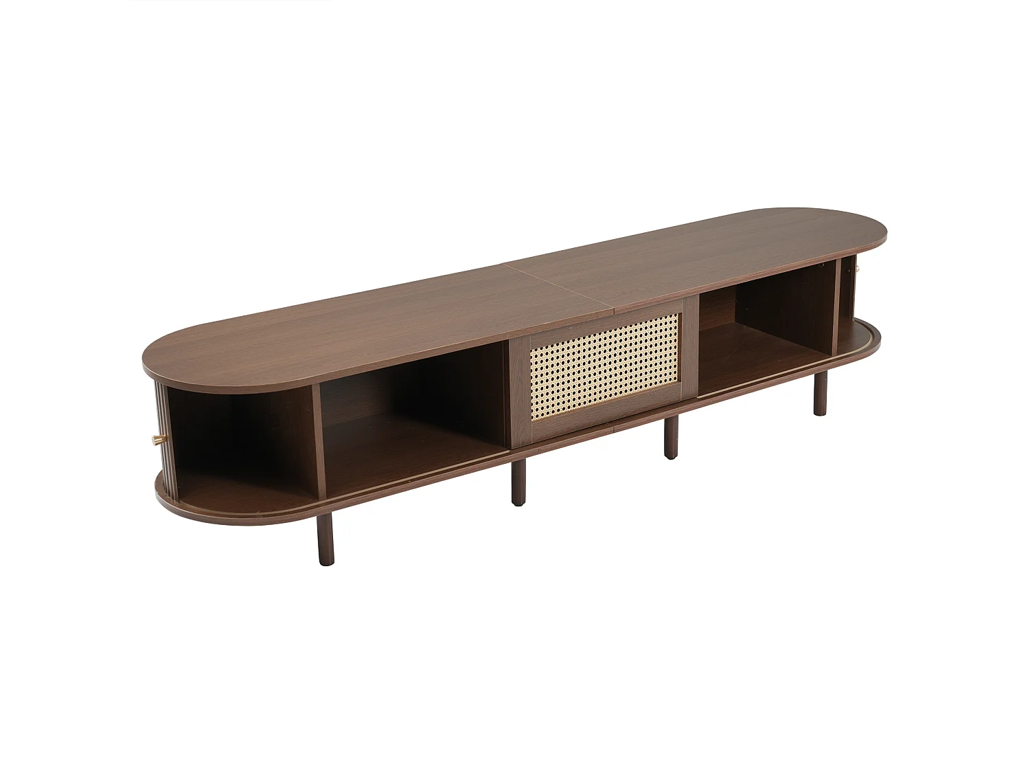 TV-meubel 180 cm met een rotanlade en opbergruimte, verstelbare poten – Donker notenhout