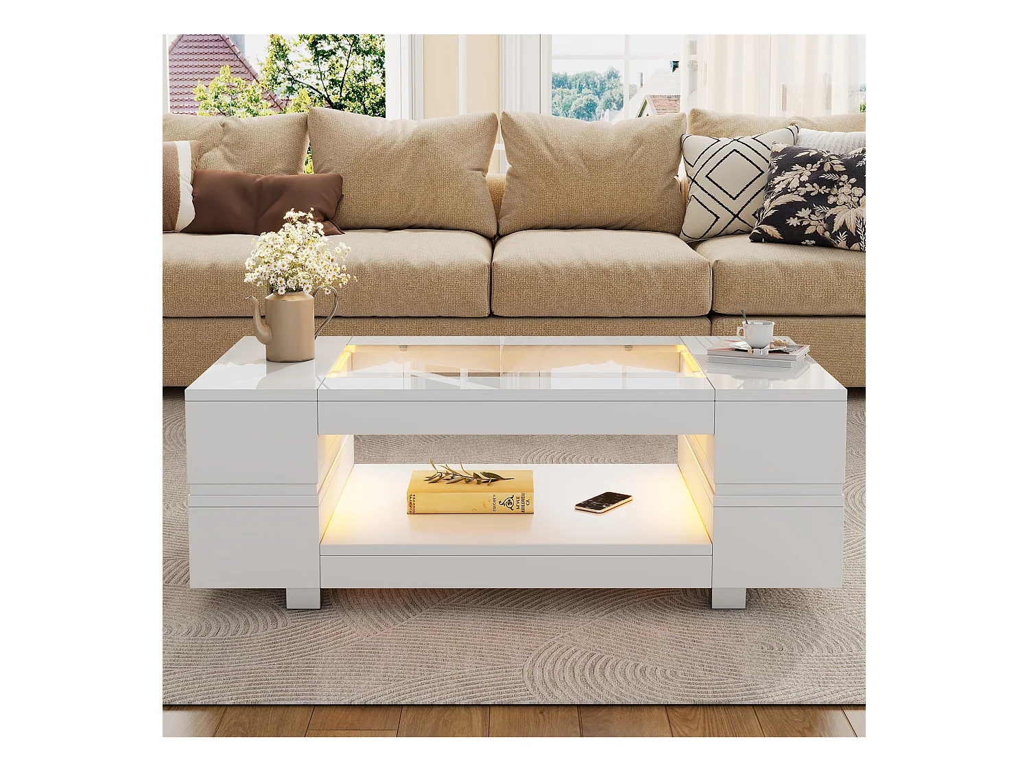 Table basse blanche avec éclairage LED et rangement ouvert – pour salons et bureaux