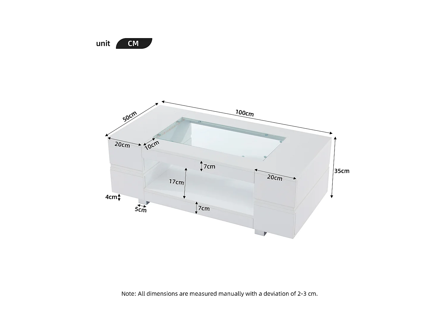 Table basse blanche avec éclairage LED et rangement ouvert – pour salons et bureaux