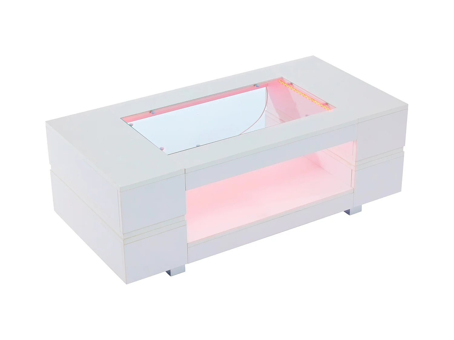 Table basse blanche avec éclairage LED et rangement ouvert – pour salons et bureaux