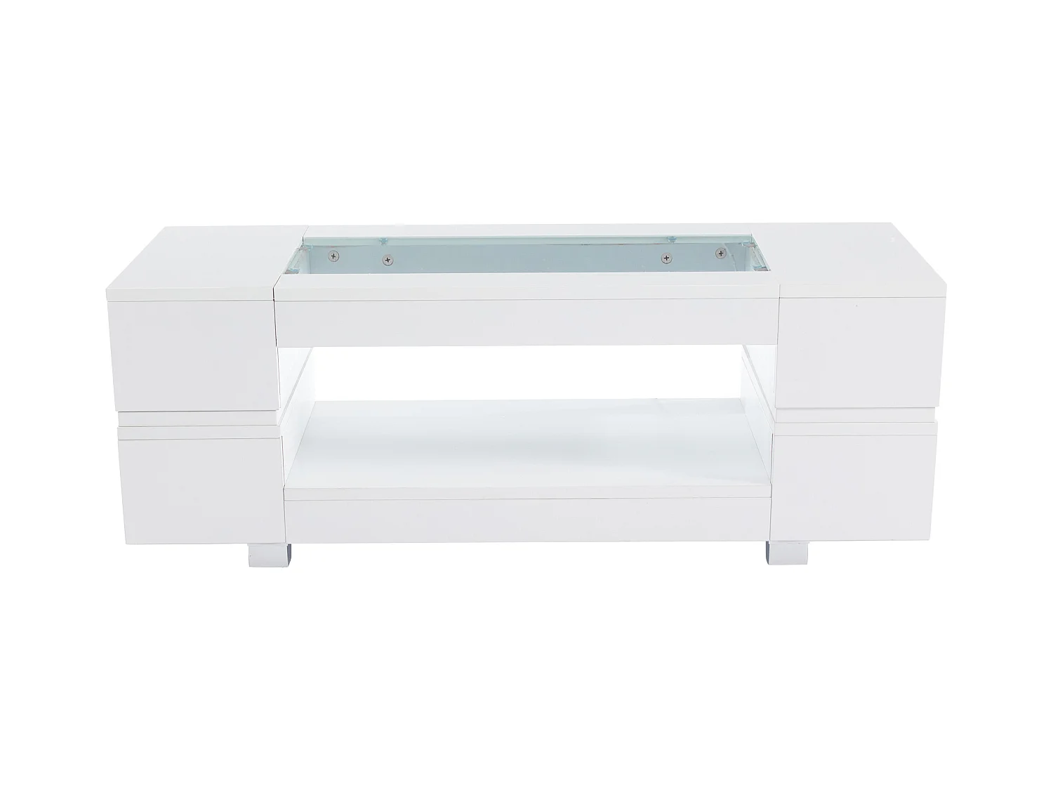 Table basse blanche avec éclairage LED et rangement ouvert – pour salons et bureaux