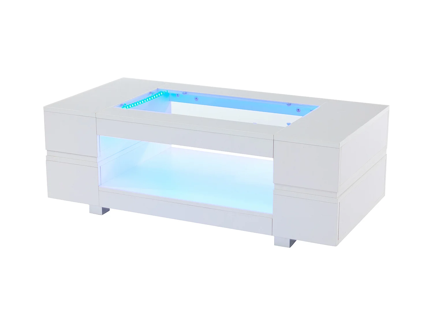 Table basse blanche avec éclairage LED et rangement ouvert – pour salons et bureaux