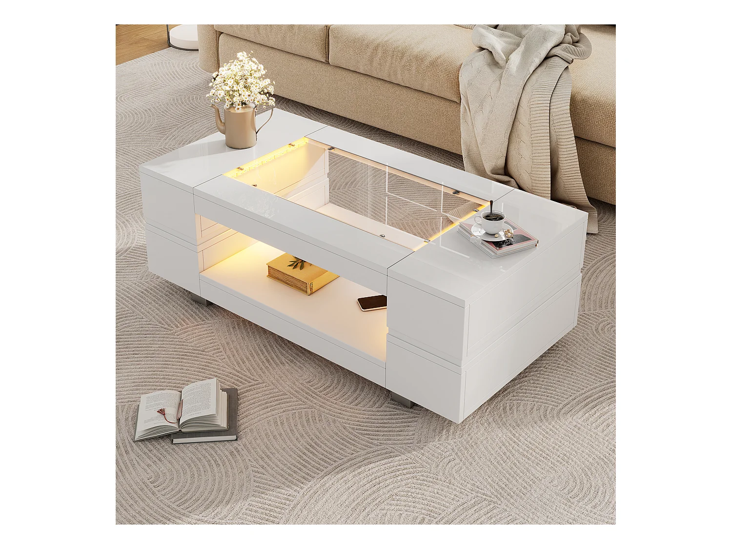 Weißer Couchtisch mit LED-Beleuchtung und offenem Stauraum – Für Wohnzimmer und Büros