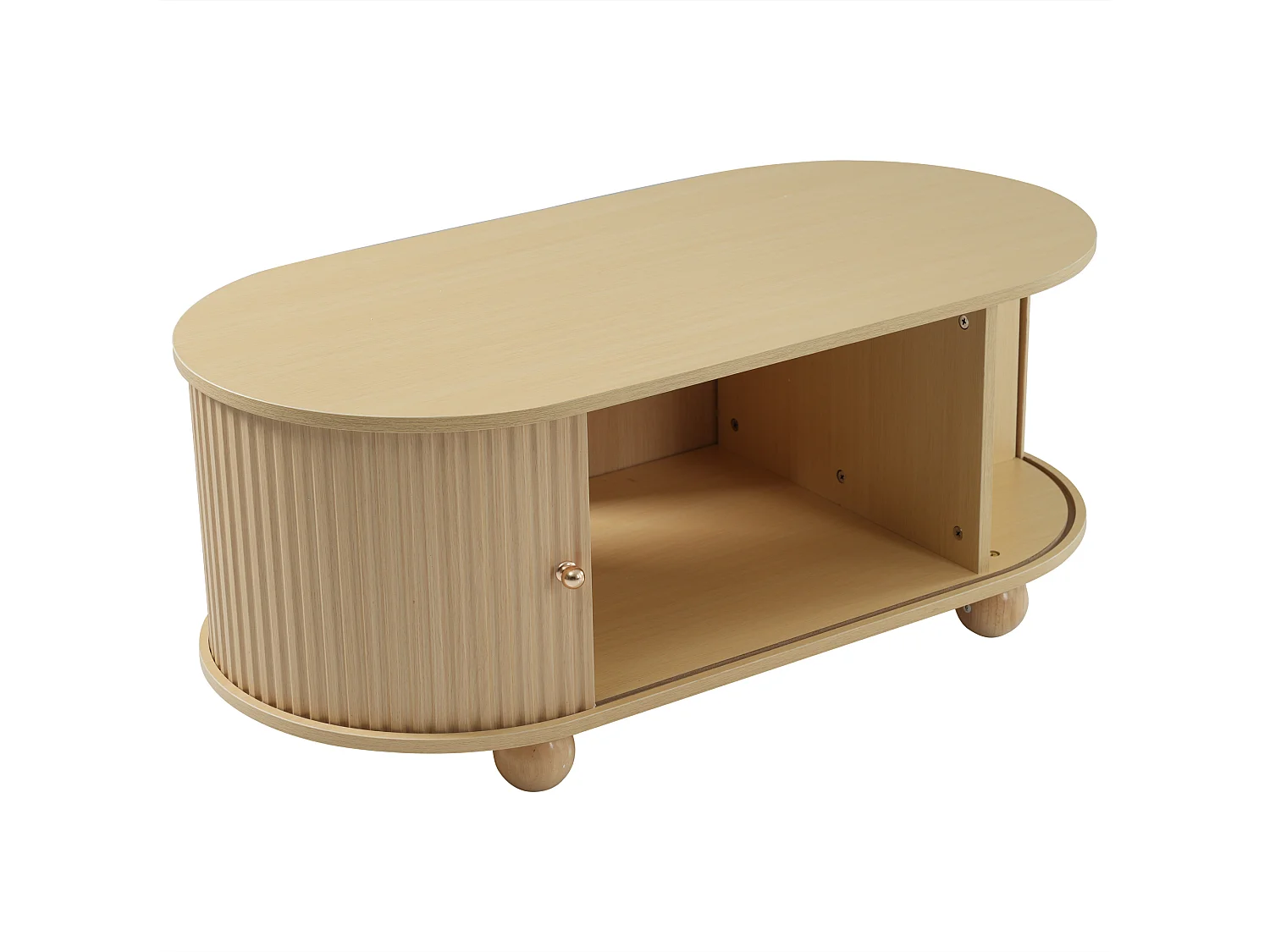 Table basse en bois naturel avec 2 portes coulissantes et 4 pieds ronds en bois - pour salon