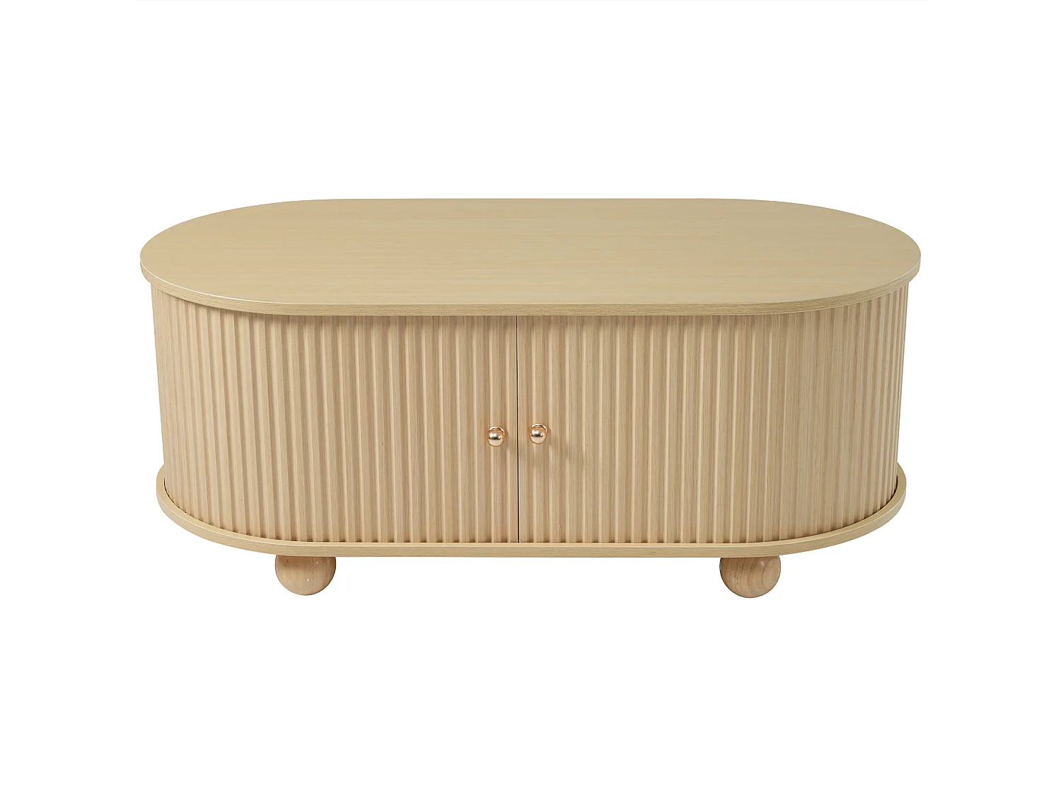 Table basse en bois naturel avec 2 portes coulissantes et 4 pieds ronds en bois - pour salon