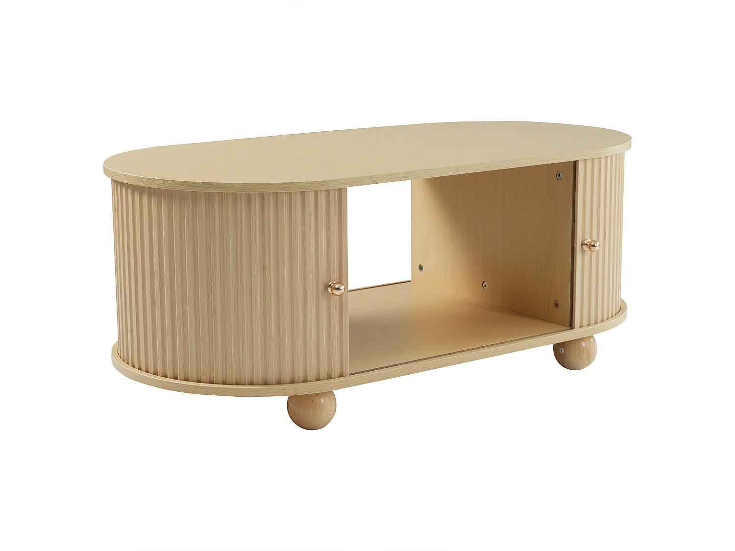 Table basse en bois naturel avec 2 portes coulissantes et 4 pieds ronds en bois - pour salon
