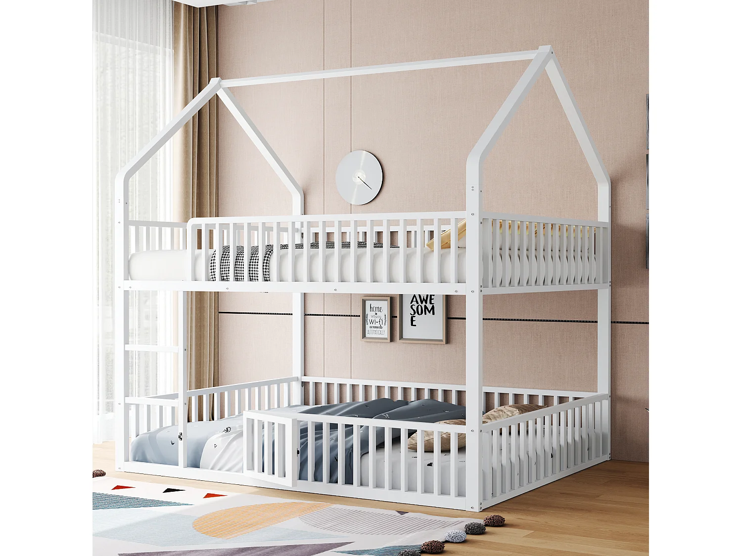 Lit superposé enfant 140x200 cm avec escalier et barrières de sécurité, blanc - sans matelas