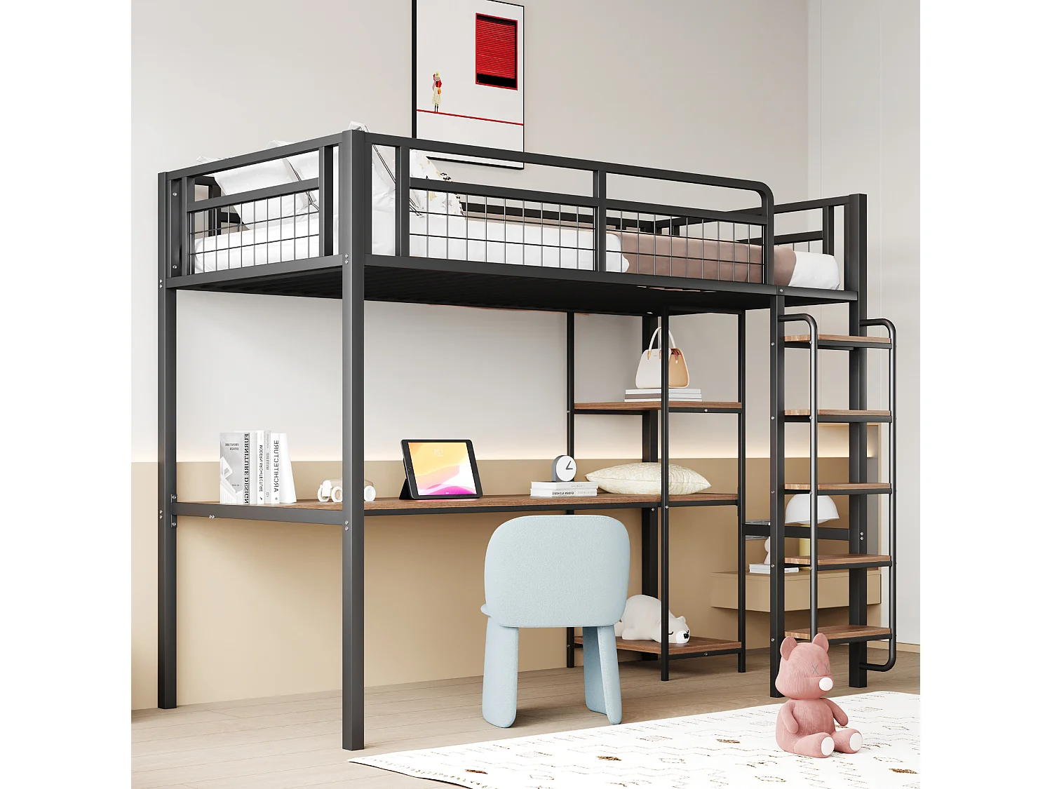 Cama alta individual 90x200 cm con escritorio y estanterías, negra - sin colchón