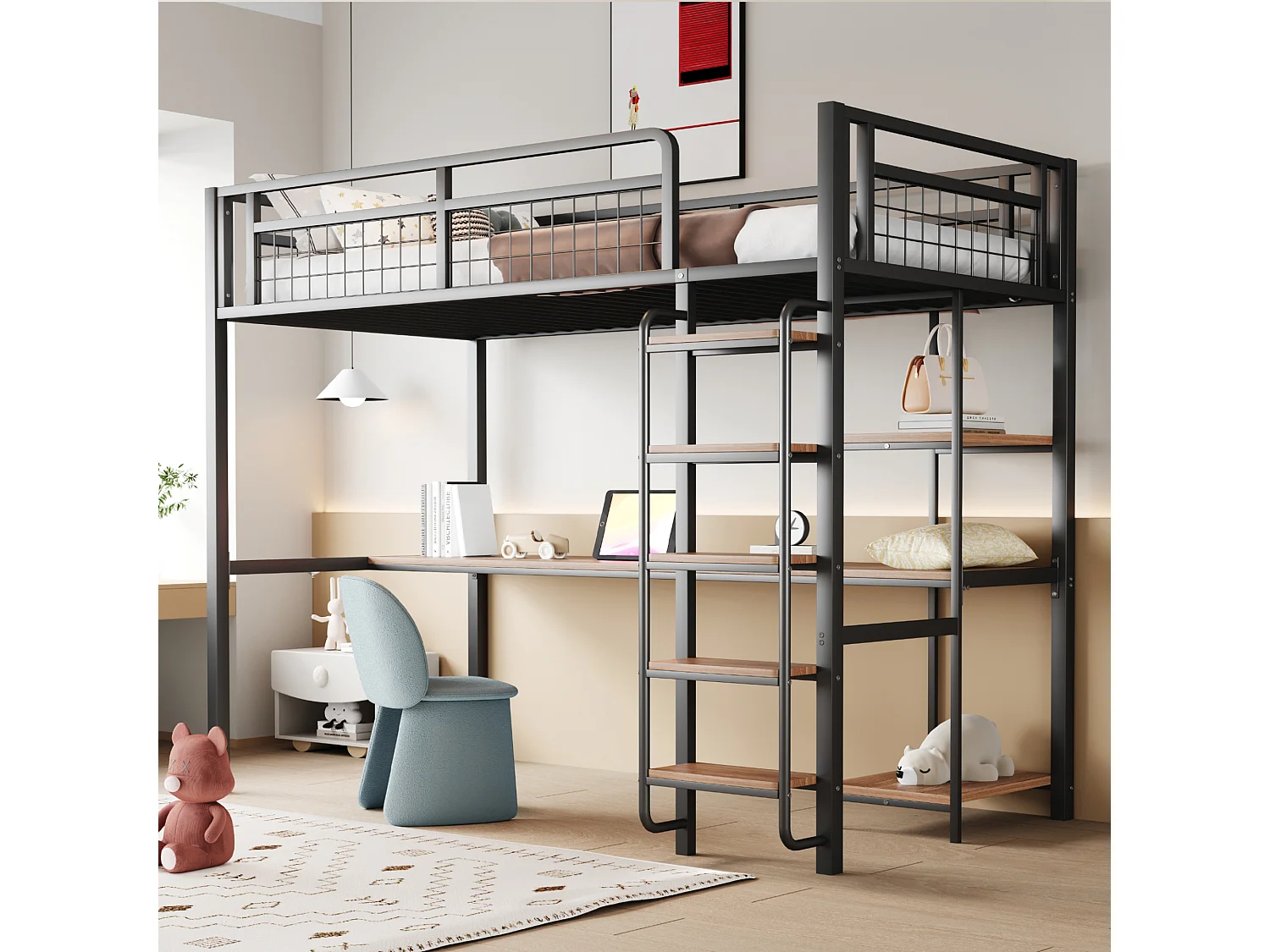 Cama alta individual 90x200 cm con escritorio y estanterías, negra - sin colchón