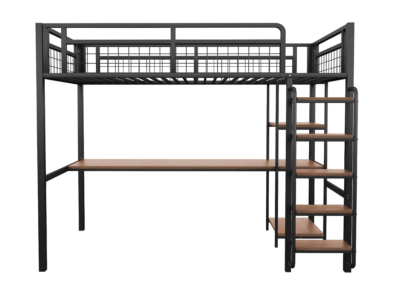 Cama alta individual 90x200 cm con escritorio y estanterías, negra - sin colchón