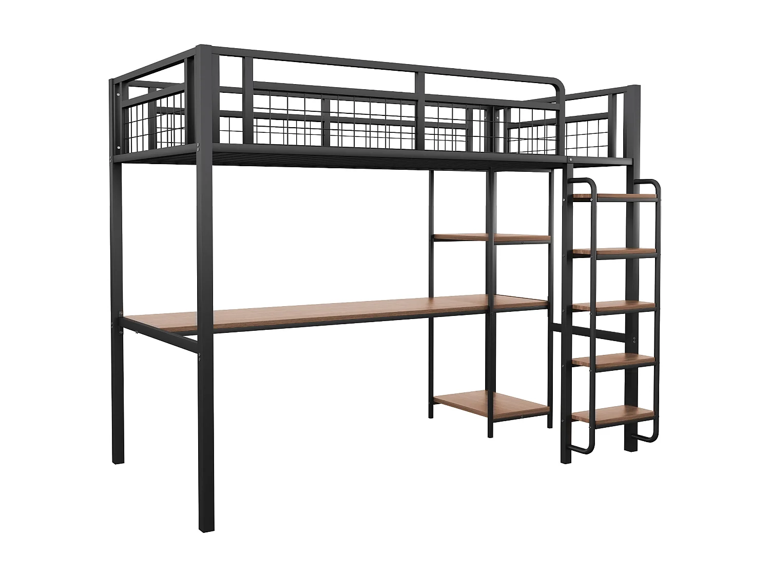 Cama alta individual 90x200 cm con escritorio y estanterías, negra - sin colchón