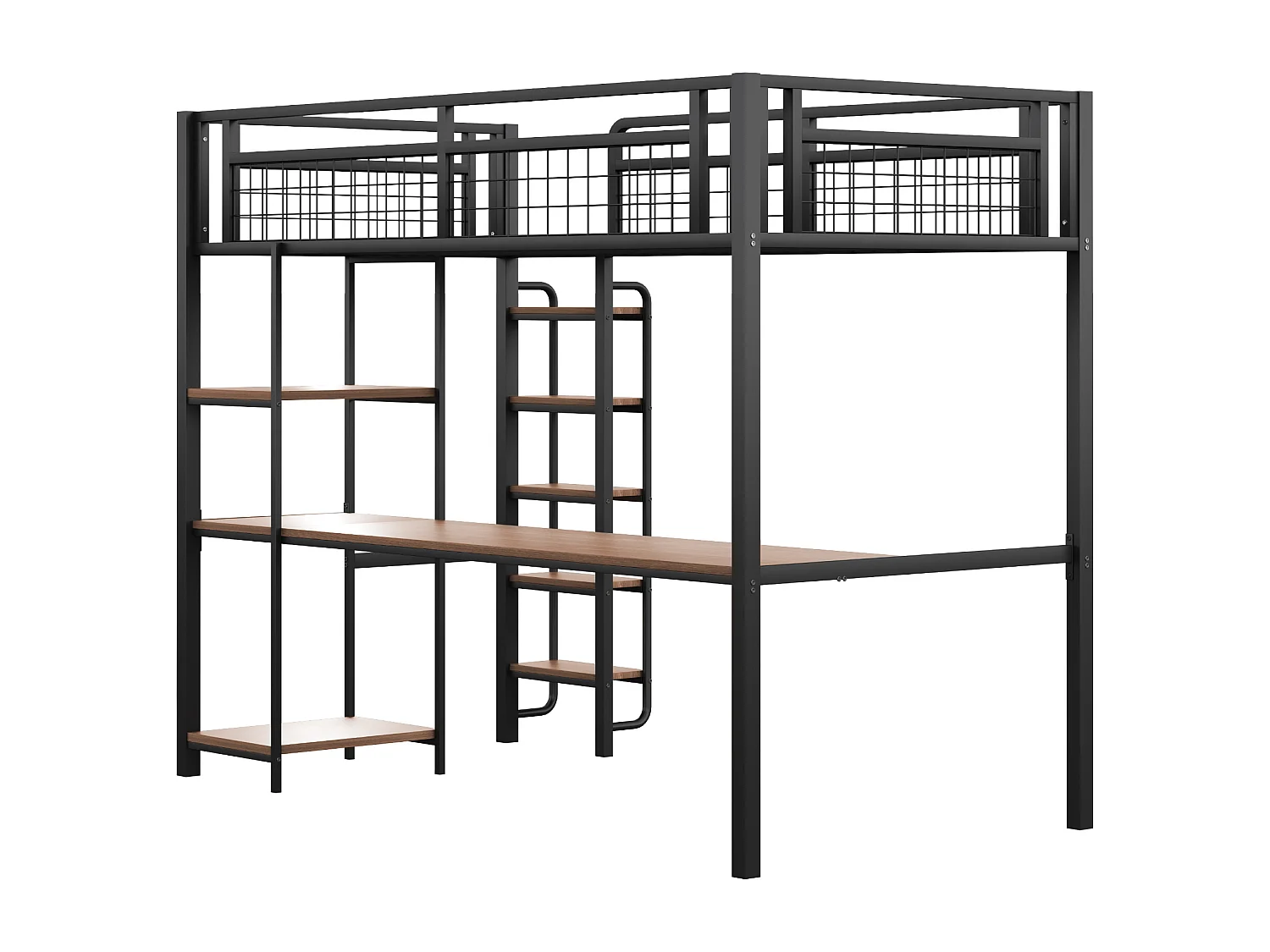 Cama alta individual 90x200 cm con escritorio y estanterías, negra - sin colchón