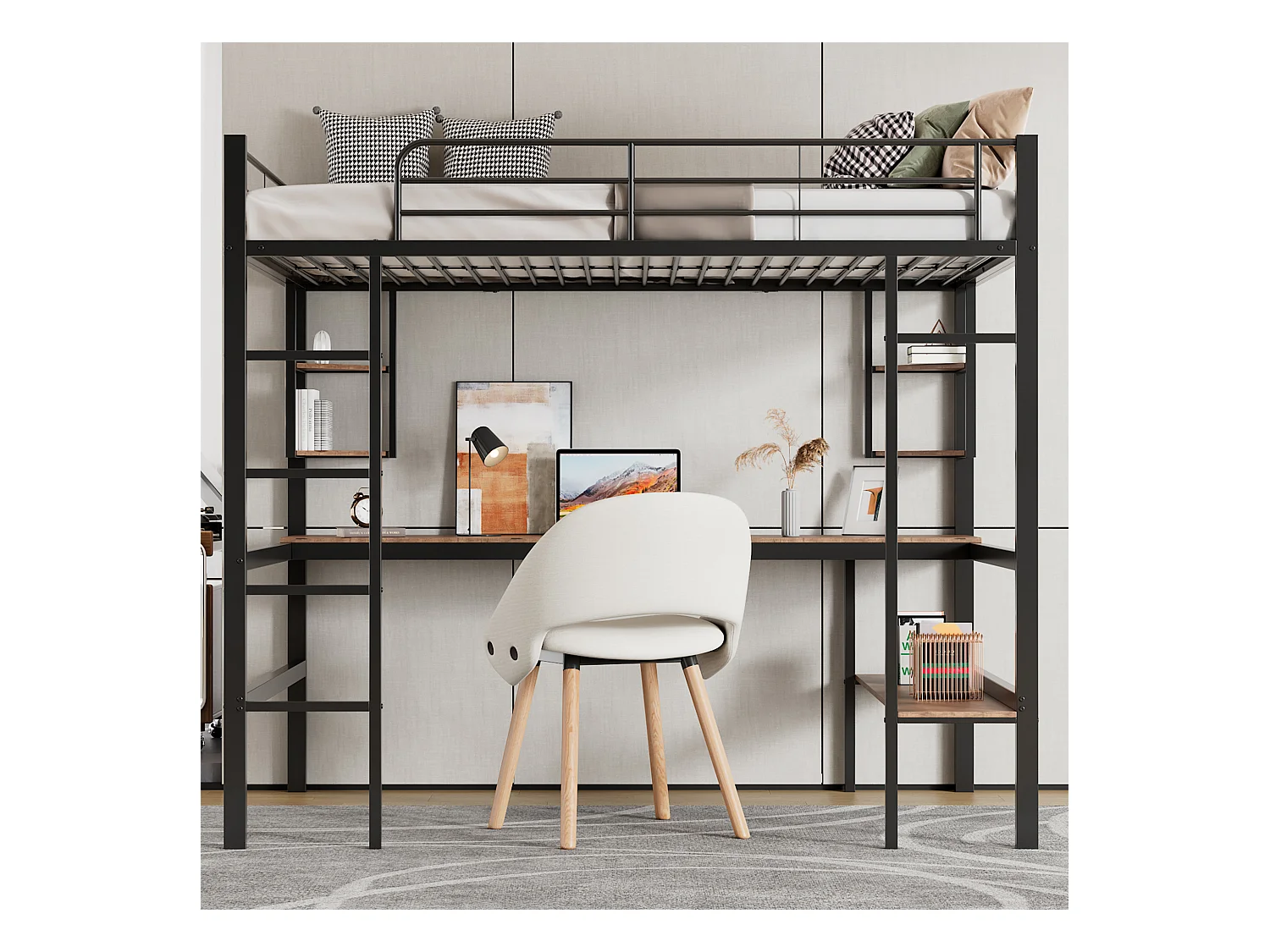Lit mezzanine enfant 90x200 cm avec bureau et étagère de rangement, noir - sans matelas