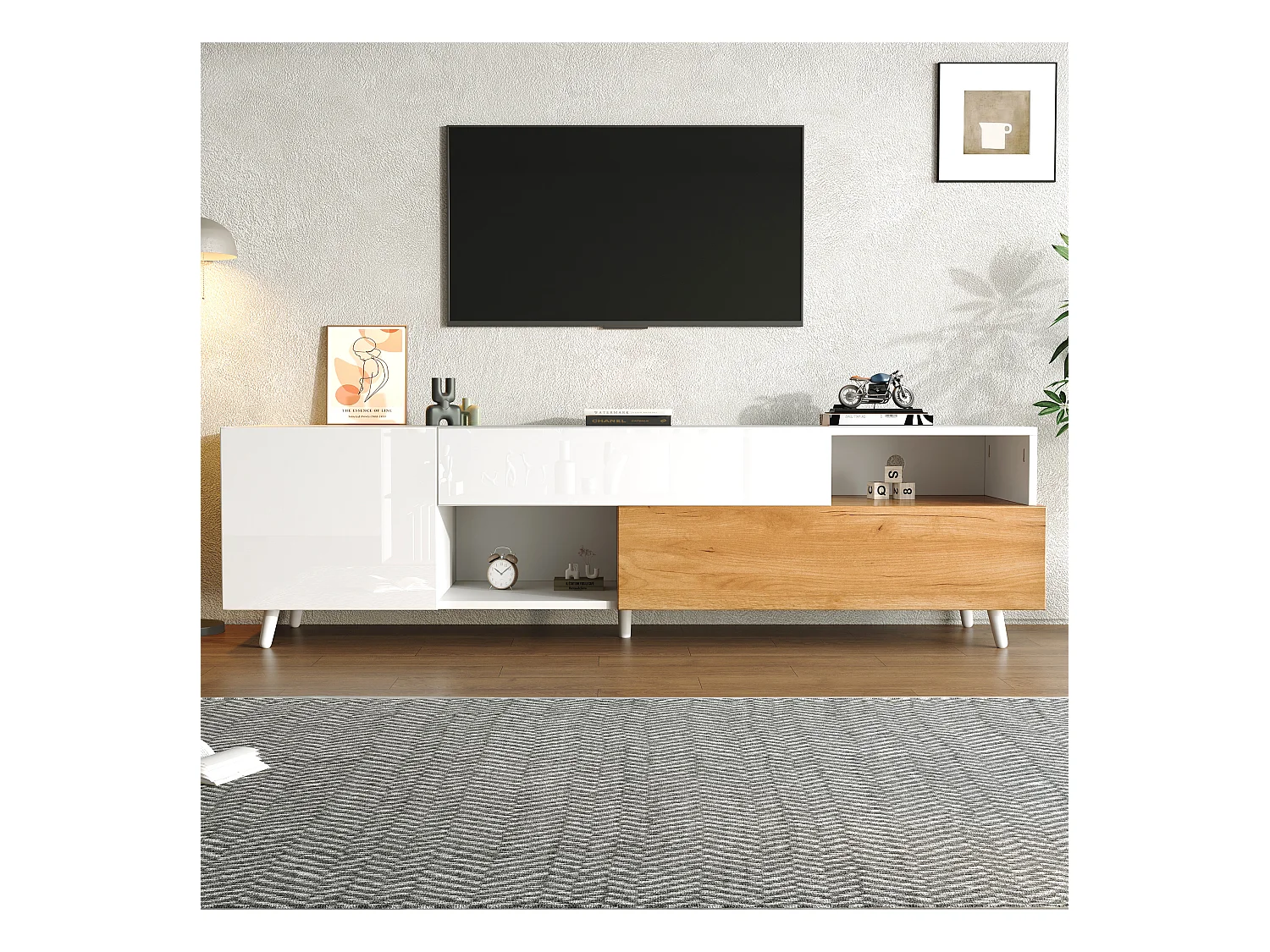 Meuble TV 180 cm avec 2 portes, 2 compartiments de rangement et 1 tiroir - Blanc et bois naturel