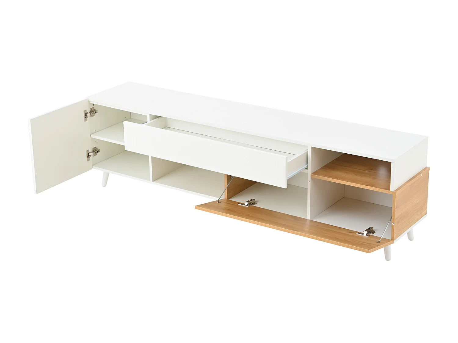 Meuble TV 180 cm avec 2 portes, 2 compartiments de rangement et 1 tiroir - Blanc et bois naturel
