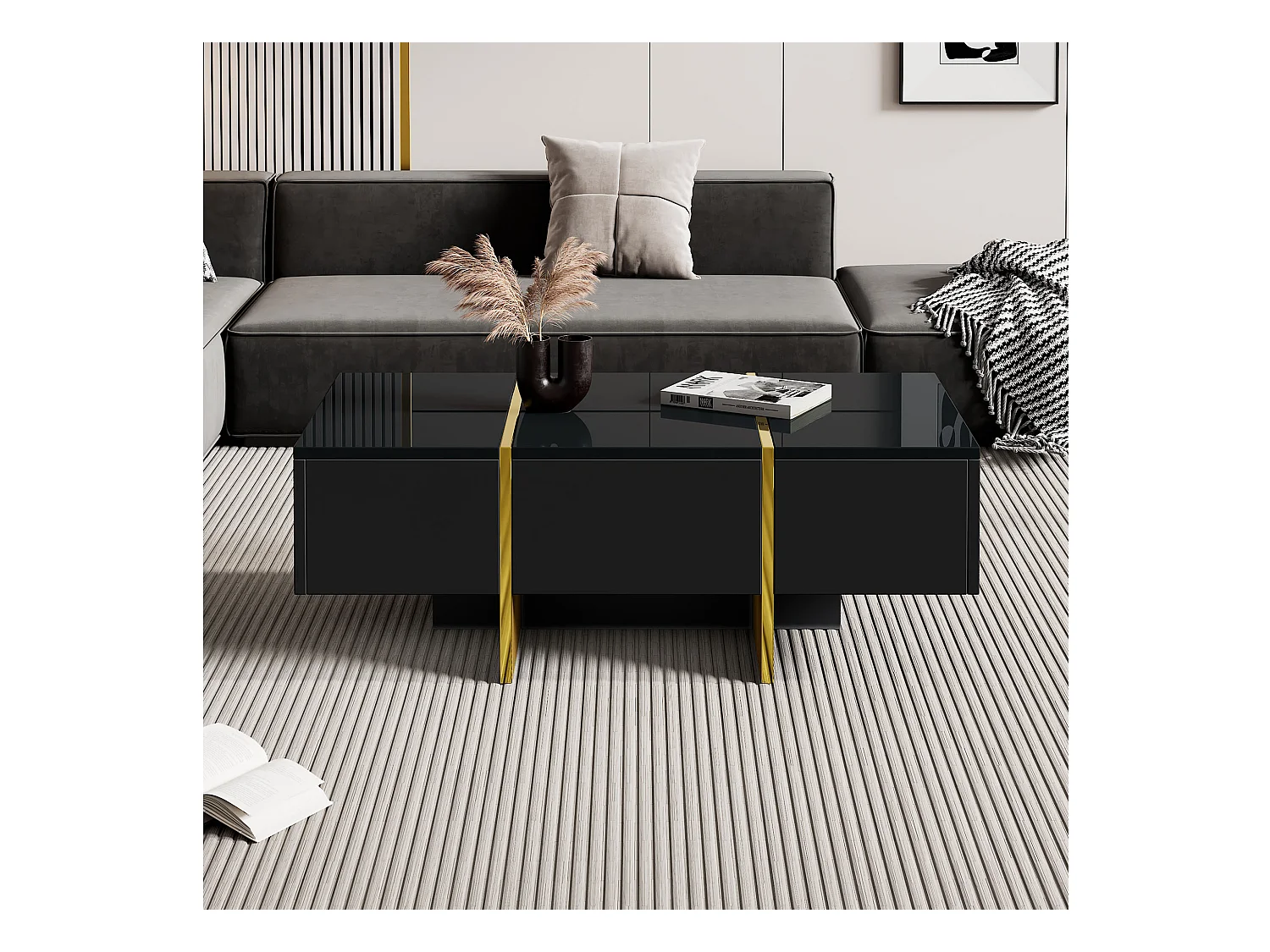 Table basse rectangulaire avec 4 tiroirs de rangement, noire et dorée - pour salon