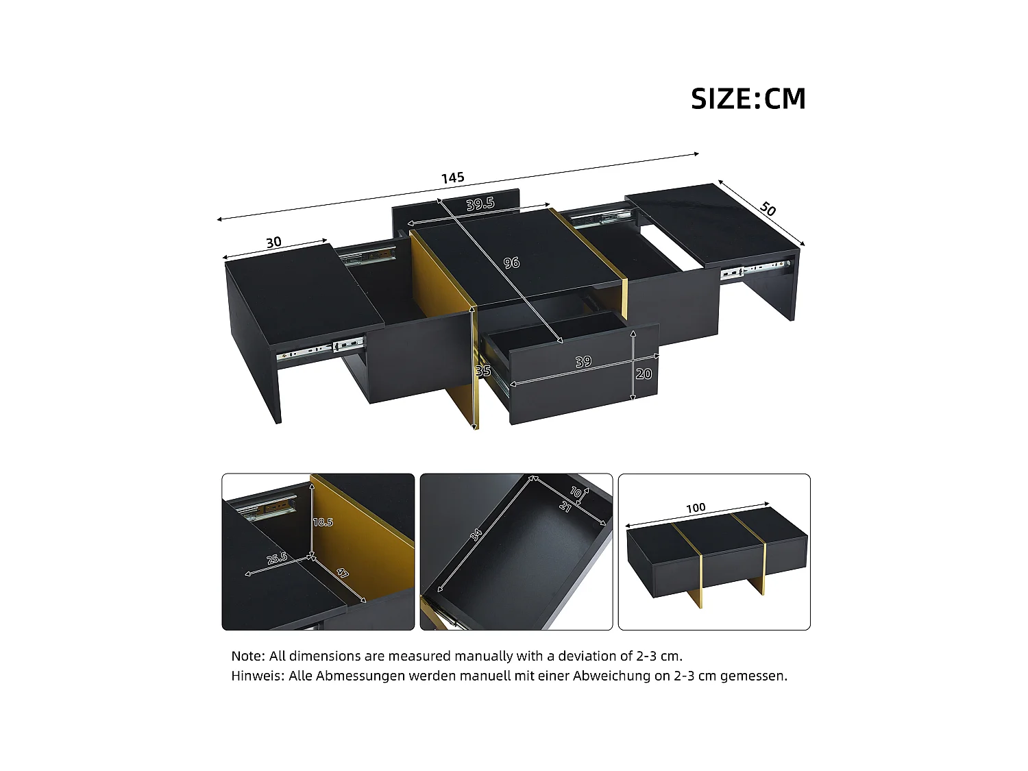 Table basse rectangulaire avec 4 tiroirs de rangement, noire et dorée - pour salon