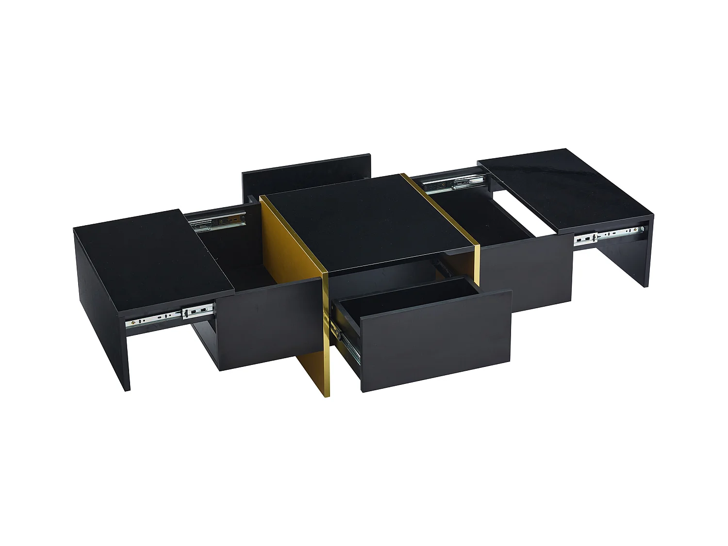 Table basse rectangulaire avec 4 tiroirs de rangement, noire et dorée - pour salon