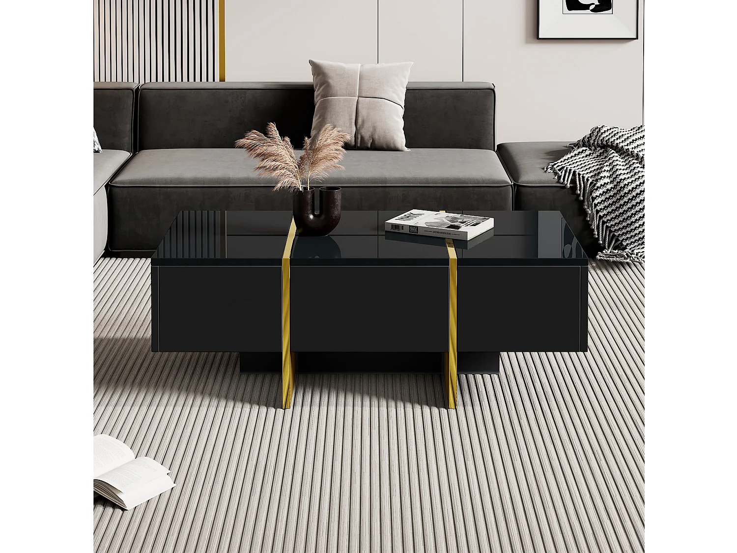 Table basse rectangulaire avec 4 tiroirs de rangement, noire et dorée - pour salon